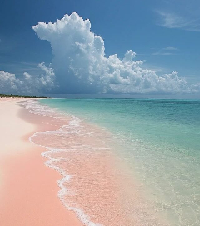 Famous pink sand beaches of Harbour Island in Eleuthera with beautiful turquoise water and cloud formation